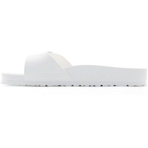 Klapki damskie Birkenstock Eva Madrid. Białe klapki Birkenstock, bez wzorów, z materiału, bez obcasa. Za 327,00 zł.