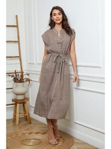 Joséfine Lniana sukienka w kolorze szarobrązowym rozmiar: XL. Brązowe sukienki Joséfine, xl, bez wzorów, ze lnu, bez kołnierzyka, bez ramiączek, maxi. Za 195,99 zł.
