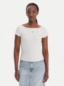 Tommy Jeans T-Shirt Lettuce Edge DW0DW22460 Écru Slim Fit. T-shirty Tommy Jeans, s, bez wzorów, z bawełny, bez kołnierzyka, bez ramiączek. Za 189,99 zł.