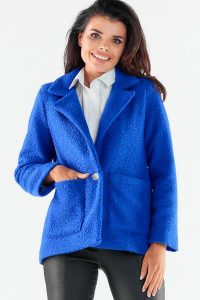 Elegancka Kurka z Nakładanymi Kieszeniami - Niebieski. Niebieskie kurtki Awama, l, bez wzorów, z materiału, bez kaptura. Za 318,90 zł.