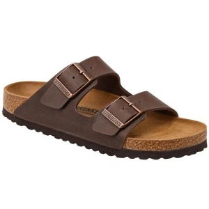 Klapki damskie Birkenstock Arizona. Brązowe klapki Birkenstock, bez wzorów, z jeansu, bez obcasa. Za 287,00 zł.