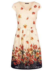 APART Sukienka w kolorze kremowym ze wzorem rozmiar: M. Brązowe sukienki Apart, m, bez wzorów, bez kołnierzyka, bez ramiączek, mini, rozkloszowane. Za 157,35 zł.