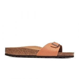 Klapki damskie Birkenstock Madrid. Brązowe klapki Birkenstock, bez wzorów, z materiału, bez obcasa. Za 383,00 zł.
