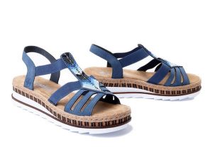 RIEKER V7909-12 blue, sandały damskie. Niebieskie sandały Rieker, bez wzorów, bez obcasa, na koturnie, bez zapięcia. Za 244,93 zł.