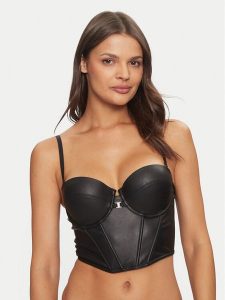 Guess Biustonosz top O4BC11 WGI80 Czarny. Czarne biustonosze Guess, xl, z aplikacjami, ze skóry, bez kołnierzyka, bez ramiączek. Za 189,99 zł.
