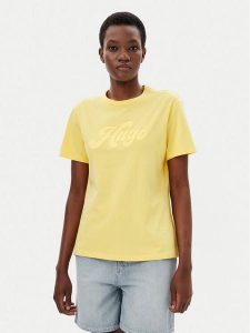 HUGO T-Shirt Damacia_4 50539101 Żółty Regular Fit. Żółte t-shirty Hugo, m, bez wzorów, z bawełny, bez kołnierzyka, bez ramiączek. Za 169,99 zł.