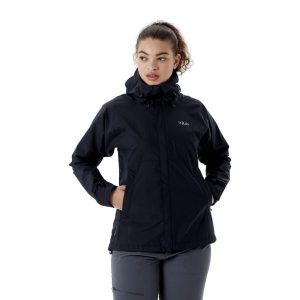 Kurtka przeciwdeszczowa damska Rab Downpour Eco Jacket z kapturem. Czarne kurtki RAB, bez wzorów, z kapturem. Za 533,48 zł.
