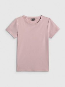 4F T-shirt slim gładki damski - różowy L. Czerwone t-shirty 4f, l, bez wzorów, z dzianiny, bez kołnierzyka, bez ramiączek. Za 49,99 zł.