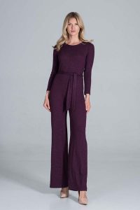 Kombinezon z Prążkowanej Dzianiny z Szerokimi Nogawkami - Fioletowy. Fioletowe kombinezony Figl, s, bez wzorów, z dzianiny, eleganckie, bez kołnierzyka, bez ramiączek. Za 309,00 zł.
