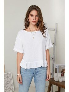 Rodier Lin Lniana bluzka w kolorze białym rozmiar: L/XL. Białe bluzki Rodier Lin, l, bez wzorów, ze lnu, bez kołnierzyka, bez ramiączek. Za 92,95 zł.