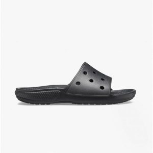 Klapki basenowe Crocs Classic Slide. Czarne klapki Crocs, bez wzorów, bez obcasa. Za 109,99 zł.