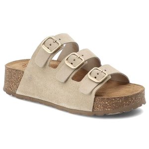 Klapki damskie Yokono, cholewka ze skóry naturalnej odkryty fason trzy regulowane paski z klamrami, beżowe, Wiwi-263. Brązowe klapki Yokono, bez wzorów, ze skóry, bez obcasa. Za 249,00 zł.