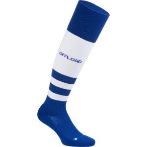 Skarpety do rugby R500 wysokie. Czarne skarpetki OFFLOAD, bez wzorów, z elastanu. Za 24,99 zł.