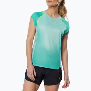 Koszulka do biegania damska Mizuno Aero Tee. Niebieskie bluzki Mizuno, bez wzorów, sportowe, bez kołnierzyka, bez ramiączek. Za 269,99 zł.