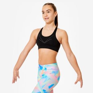Stanik gimnastyczny Domyos. Czarne biustonosze sportowe DOMYOS, bez wzorów, z elastanu. Za 49,99 zł.