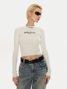 Miss Sixty Sweter 6L4RJ4340000 Écru Slim Fit. Swetry klasyczne Miss Sixty, l, z jedwabiu, bez kołnierzyka. Za 429,99 zł.