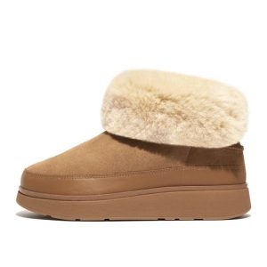 Buty FitFlop GEN-FF Mini Double-Faced Shearling Boots W GS6-A69 beżowy. Brązowe buty zimowe z materiału, bez obcasa, bez zapięcia. Za 702,66 zł.