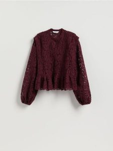 Koszula ze strukturalnej tkaniny - bordowy. Czerwone koszule Reserved, l, bez wzorów, z bawełny, bez kołnierzyka, bez ramiączek. Za 199,99 zł.