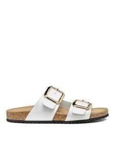 Geox Klapki D Brionia R D45Y3B 00085 C1000 Biały. Białe klapki Geox, bez wzorów, ze skóry, bez obcasa. Za 399,99 zł.