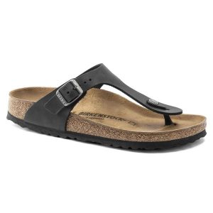 Unisex japonki Birkenstock Gizeh Oiled Leather czarne regular 0845251. Czarne klapki Birkenstock, bez wzorów, z materiału, bez obcasa. Za 369,00 zł.