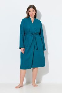 Damskie Szlafrok kołnierz szalowy pasek pika waflowa długi rękaw. Niebieskie szlafroki Ulla Popken, plus size, bez wzorów, z bawełny, plus size, bez kaptura. Za 279,99 zł.