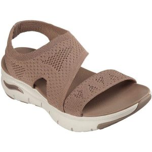 Sandały damskie Skechers Arch Fit. Brązowe buty trekkingowe Skechers, bez wzorów, z tkaniny, bez obcasa, bez zapięcia. Za 290,00 zł.