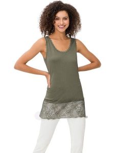 Heine Top w kolorze khaki rozmiar: 38. Brązowe topy Heine, bez wzorów, z koronki, bez kołnierzyka, bez ramiączek. Za 52,55 zł.