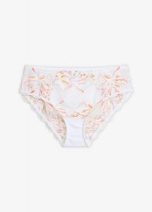 Figi maxi z subtelną koronką. Białe figi bonprix, bez wzorów, z koronki. Za 34,99 zł.