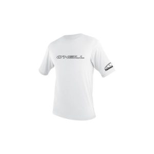 Koszulka ONEILL BASIC SKINS S/S SUN SHIRT. Białe bluzki O'Neill, s, bez wzorów, ze skóry, sportowe, bez kołnierzyka, bez ramiączek. Za 99,99 zł.