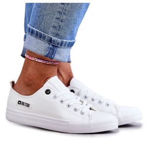 Damskie Niskie Skórzane Trampki Big Star KK274010 Białe. Białe trampki bez wzorów, z gumy, bez zapięcia. Za 176,25 zł.