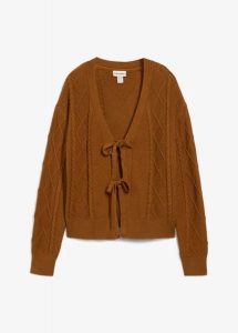 Sweter rozpinany z paskami. Brązowe kardigany bonprix, bez kołnierzyka. Za 129,99 zł.