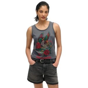 Top bez rękawów z odkrytymi ramionami dla kobiet Superdry Neo Trad Tattoo. Czarne topy Superdry, bez wzorów, bez kołnierzyka, bez ramiączek. Za 136,55 zł.