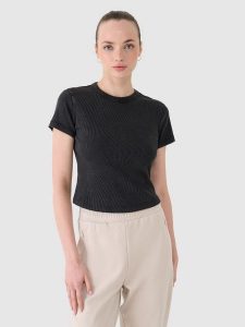 4F T-shirt slim z prążkowanej dzianiny damski - czarny L. Czarne t-shirty 4f, l, bez wzorów, z bawełny, bez kołnierzyka, bez ramiączek. W wyprzedaży za 49,99 zł.