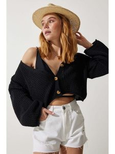 Happiness Istanbul Kardigan w kolorze czarnym rozmiar: onesize. Czarne swetry oversize Happiness Istanbul, bez wzorów, ze splotem, bez ramiączek. Za 83,22 zł.