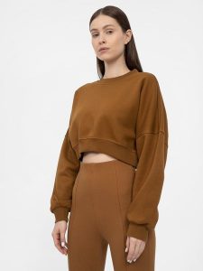 4F Bluza crop top nierozpinana bez kaptura damska L. Brązowe bluzy 4f, l, bez wzorów, z dzianiny, bez kaptura. Za 149,99 zł.