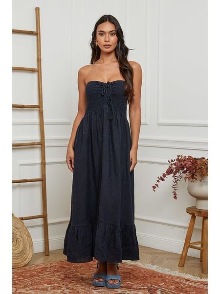 La Compagnie Du Lin Lniana sukienka w kolorze granatowym rozmiar: S. Niebieskie sukienki La Compagnie Du Lin, s, bez wzorów, ze lnu, bez kołnierzyka, bez ramiączek, maxi. Za 198,10 zł.