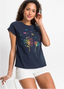 T-shirt z nadrukiem z roślinnym motywem. Niebieskie t-shirty bonprix, z aplikacjami, bez kołnierzyka, bez ramiączek. Za 64,99 zł.