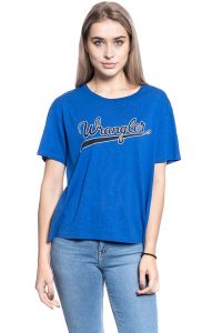 T-SHIRT DAMSKI WRANGLER DRAPE TEE COBALT BLUE W7P7F6B09 112132065. Niebieskie t-shirty Wrangler, s, bez wzorów, bez kołnierzyka, bez ramiączek. W wyprzedaży za 39,99 zł.