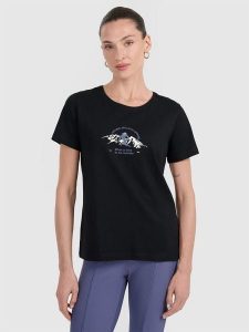 4F T-shirt regular z nadrukiem damski - czarny XXL. Czarne t-shirty 4f, xxl, bez wzorów, z bawełny, bez kołnierzyka, bez ramiączek. Za 59,99 zł.