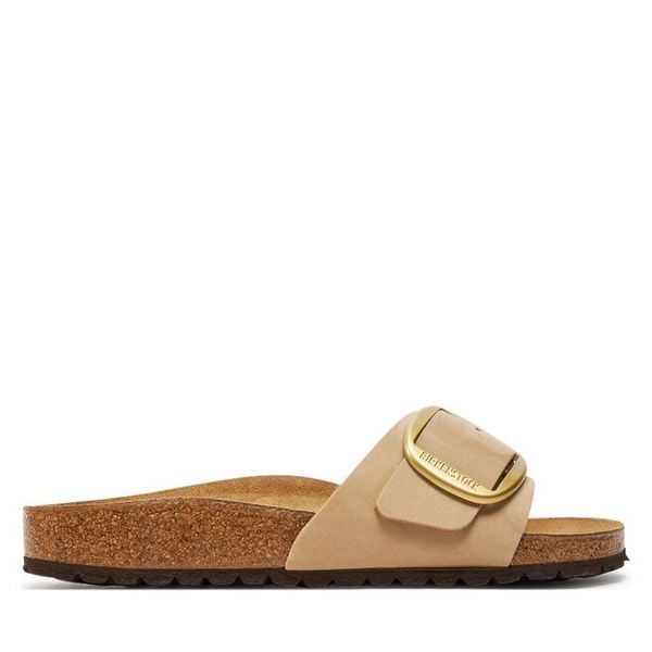 Klapki Birkenstock. Brązowe klapki Birkenstock, bez wzorów, bez obcasa. Za 485,99 zł.