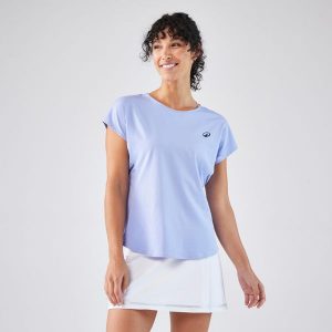 Koszulka tenisowa z okrągłym dekoltem damska Artengo Dry. Niebieskie bluzki ARTENGO, xl, bez wzorów, z elastanu, sportowe, bez kołnierzyka, bez ramiączek. Za 59,99 zł.