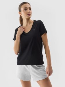 4F T-shirt gładki damski - czarny XS. Czarne t-shirty 4f, xs, bez wzorów, z bawełny, bez kołnierzyka, bez ramiączek. W wyprzedaży za 39,99 zł.