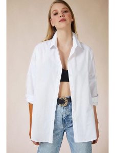 Happiness Istanbul Bluzka w kolorze białym rozmiar: 40. Białe bluzki Happiness Istanbul, bez wzorów, bez kołnierzyka, bez ramiączek. Za 66,45 zł.