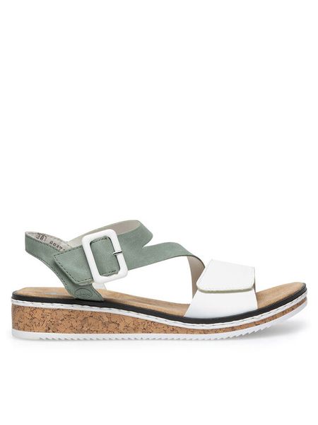 Rieker Sandały V3660-52 Zielony. Zielone sandały Rieker, bez wzorów, z materiału, bez obcasa, na koturnie, bez zapięcia. Za 239,99 zł.