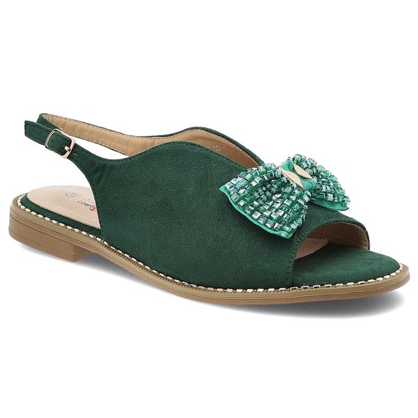 Sandały damskie S. Barski, z kokardą na płaskim obcasie materiałowe ze sprzączką, zielone, KV51-014. Zielone sandały S.BARSKI, bez wzorów, z materiału, bez obcasa, na płaskiej podeszwie, bez zapięcia. Za 125,90 zł.