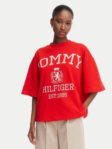 Tommy Hilfiger T-Shirt Varsity Crest WW0WW50940 Czerwony Oversize. Czerwone t-shirty TOMMY HILFIGER, m, bez wzorów, z bawełny, bez kołnierzyka, bez ramiączek. Za 296,99 zł.