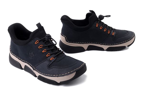 RIEKER 45963-14 blue, półbuty damskie. Niebieskie półbuty Rieker, bez wzorów, z gumy, bez obcasa, bez zapięcia. Za 389,90 zł.