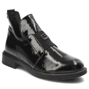 Czarne Botki Bombonella Eleganckie Lakierowane Obuwie Damskie. Czarne botki Bombonella, na zimę, z aplikacjami, z lakierowanej skóry, bez obcasa, bez zapięcia. Za 329,00 zł.