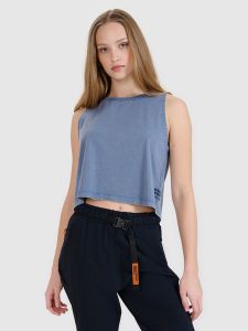 4F Top z nadrukiem damski - granatowy XS. Niebieskie topy 4f, xs, bez wzorów, z bawełny, klasyczne, bez kołnierzyka, bez ramiączek. W wyprzedaży za 29,99 zł.