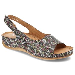 Kolorowe Sandały Pollonus Eleganckie Obuwie Damskie W Kwiaty. Szare sandały Pollonus, bez wzorów, z nubiku, bez obcasa, na koturnie, bez zapięcia. Za 229,00 zł.